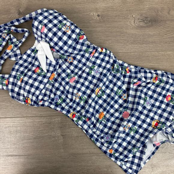 Unique Vintage Navy Gingham Floral Halter Tie Romper Style Swimsuit Sz.S/4 NWT - Picture 4 of 16